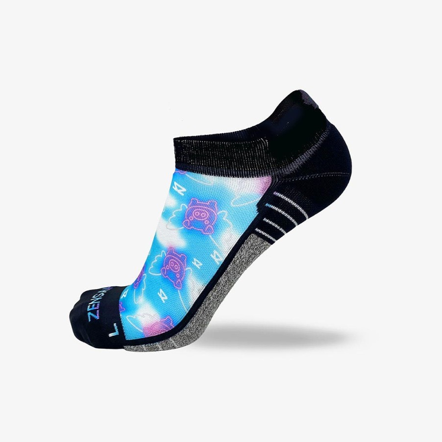 Men Zensah | Neon Flying Pigs Running Socks (No Show) Navy