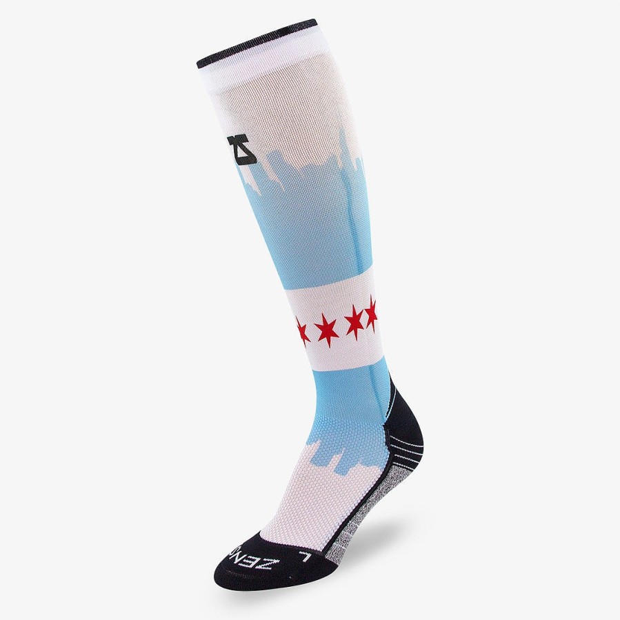 Men Zensah | Chicago Flag Skyline Compression Socks (Knee-High) White