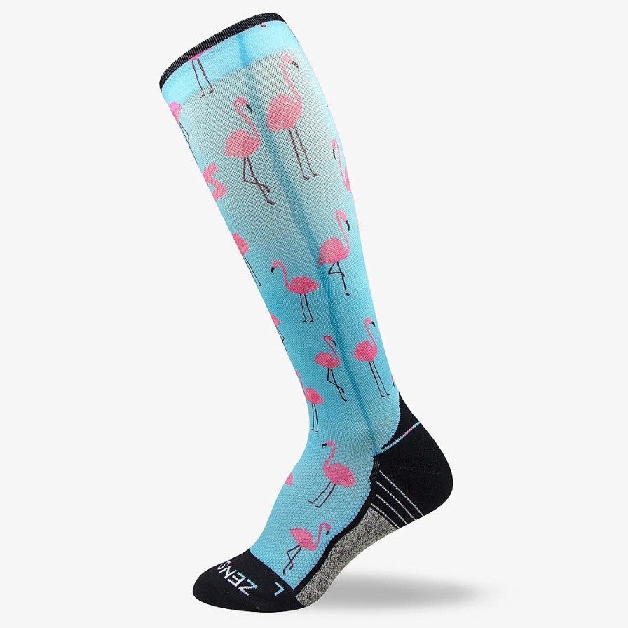 Limited Edition Zensah | Pink Flamingos Compression Socks (Knee-High) Sky Blue