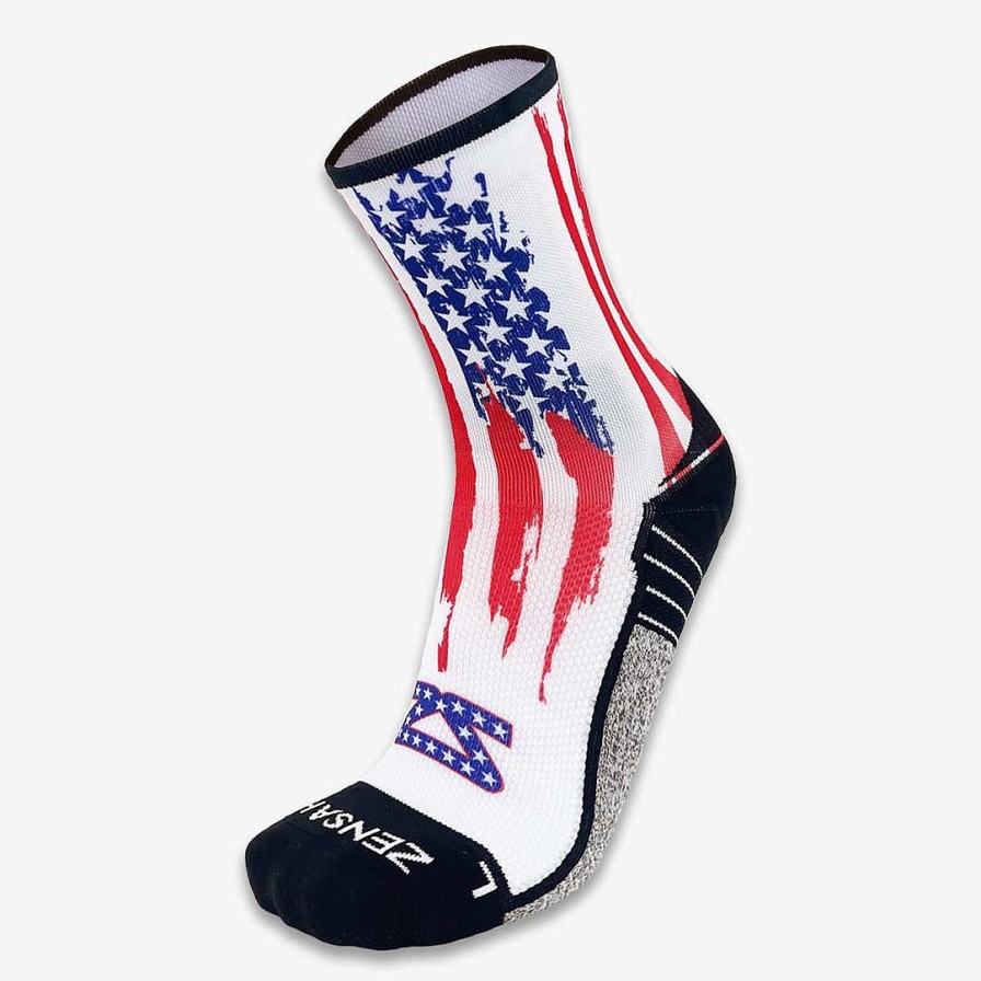 Limited Edition Zensah | Rugged Usa Flag Running Socks (Mini-Crew) White