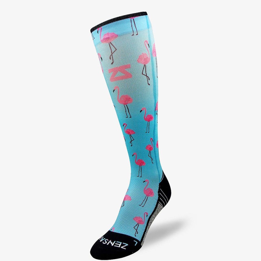 Limited Edition Zensah | Pink Flamingos Compression Socks (Knee-High) Sky Blue