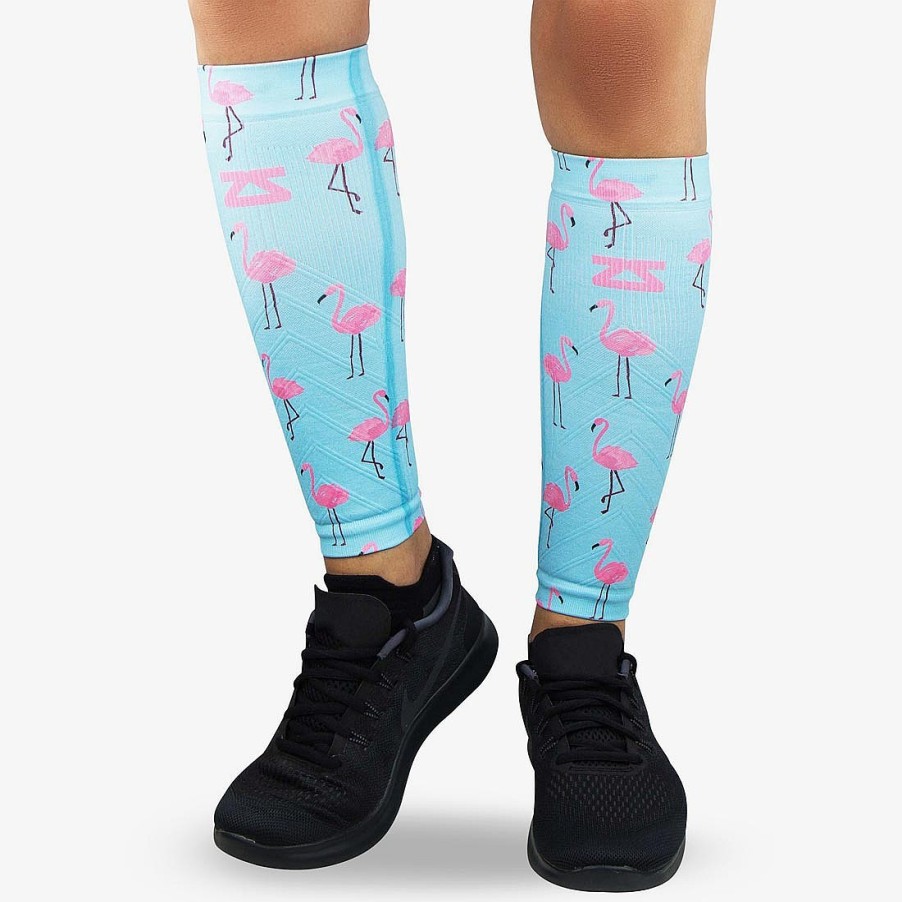 Limited Edition Zensah | Pink Flamingos Compression Leg Sleeves Sky Blue